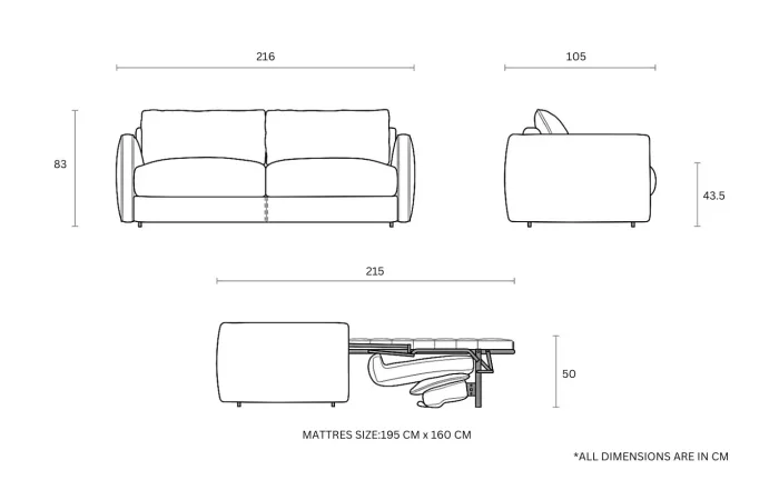 beaumont bed sofa technical drawing 1