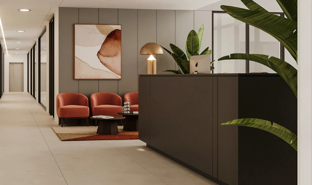 a modern office lobby with a reception desk red armchairs a coffee table a large abstract painting and several potted plants - interior design.
